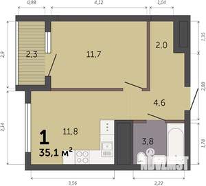 1-к квартира, строящийся дом, 35м2, 27/32 этаж