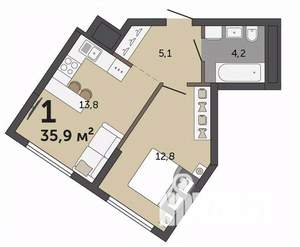 1-к квартира, строящийся дом, 36м2, 17/30 этаж