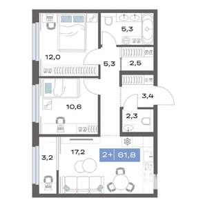 2-к квартира, строящийся дом, 62м2, 14/17 этаж