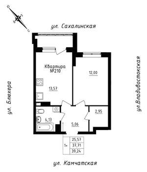 1-к квартира, строящийся дом, 39м2, 21/25 этаж