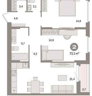 2-к квартира, вторичка, 73м2, 7/16 этаж