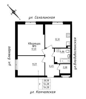 2-к квартира, строящийся дом, 54м2, 1/25 этаж