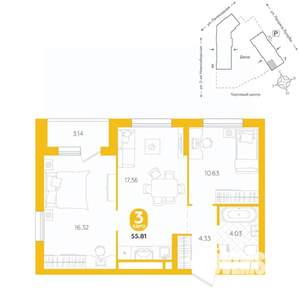 3-к квартира, вторичка, 56м2, 7/24 этаж