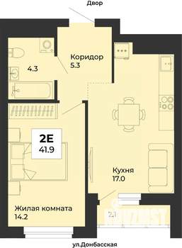 2-к квартира, строящийся дом, 42м2, 23/25 этаж