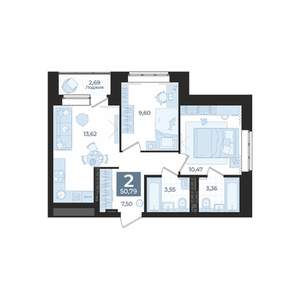 2-к квартира, вторичка, 51м2, 9/9 этаж