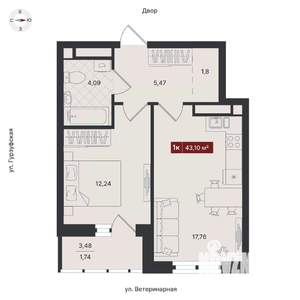 1-к квартира, вторичка, 43м2, 13/24 этаж