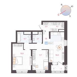 2-к квартира, строящийся дом, 67м2, 19/25 этаж