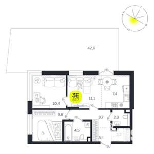 3-к квартира, вторичка, 68м2, 1/27 этаж
