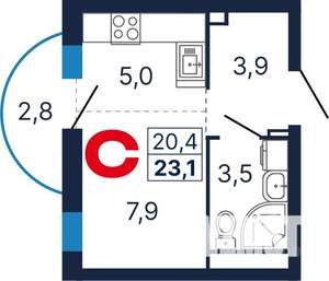Студия квартира, строящийся дом, 23м2, 7/9 этаж