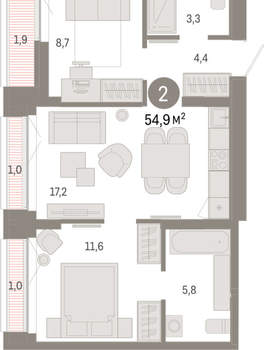 2-к квартира, вторичка, 55м2, 7/16 этаж
