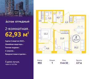 2-к квартира, вторичка, 63м2, 4/32 этаж