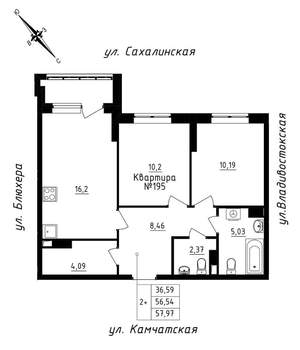 2-к квартира, строящийся дом, 58м2, 17/25 этаж