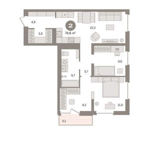 2-к квартира, вторичка, 75м2, 6/8 этаж