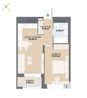 1-к квартира, вторичка, 46м2, 24/26 этаж