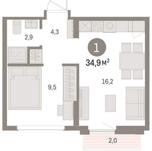 1-к квартира, вторичка, 35м2, 5/9 этаж