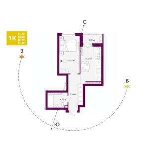 1-к квартира, строящийся дом, 36м2, 17/20 этаж