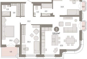 3-к квартира, вторичка, 115м2, 6/24 этаж