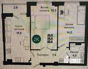 2-к квартира, вторичка, 58м2, 9/16 этаж
