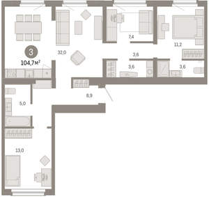 3-к квартира, вторичка, 105м2, 8/9 этаж