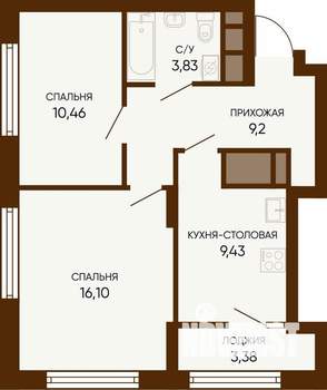 2-к квартира, строящийся дом, 51м2, 23/24 этаж