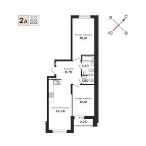 2-к квартира, строящийся дом, 66м2, 4/21 этаж
