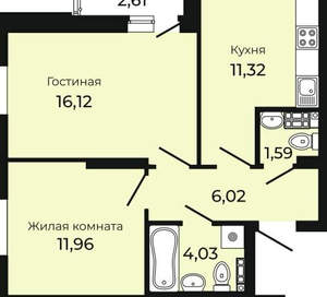 2-к квартира, сданный дом, 52м2, 18/21 этаж