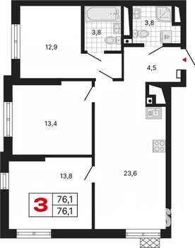 3-к квартира, вторичка, 76м2, 9/29 этаж