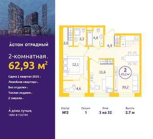 2-к квартира, вторичка, 63м2, 3/32 этаж