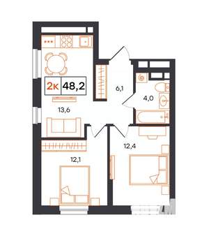 2-к квартира, вторичка, 48м2, 3/21 этаж