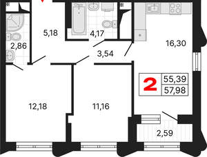 2-к квартира, вторичка, 58м2, 7/25 этаж