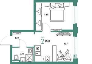 2-к квартира, строящийся дом, 31м2, 4/20 этаж