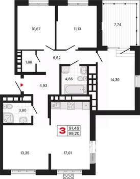 3-к квартира, вторичка, 99м2, 18/20 этаж