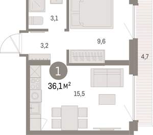 1-к квартира, вторичка, 36м2, 8/9 этаж