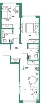 2-к квартира, строящийся дом, 61м2, 10/24 этаж