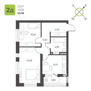 2-к квартира, строящийся дом, 53м2, 8/23 этаж