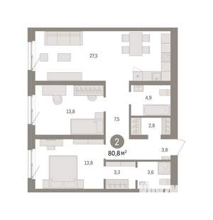 2-к квартира, вторичка, 81м2, 3/15 этаж