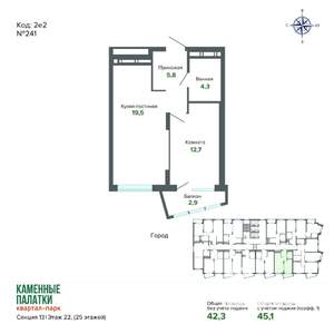 1-к квартира, вторичка, 45м2, 22/25 этаж