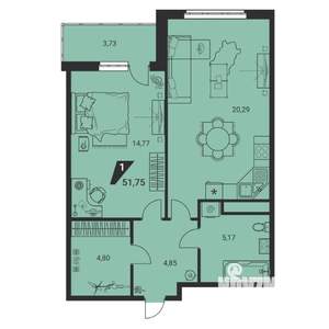 2-к квартира, вторичка, 52м2, 25/25 этаж