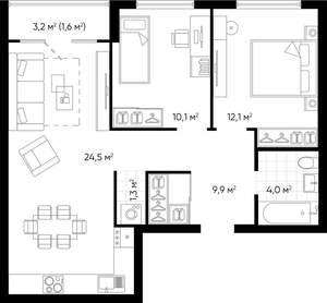 2-к квартира, строящийся дом, 63м2, 15/24 этаж