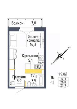 1-к квартира, строящийся дом, 28м2, 4/9 этаж