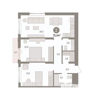 2-к квартира, вторичка, 75м2, 9/16 этаж