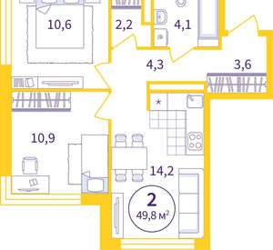 2-к квартира, вторичка, 50м2, 3/8 этаж