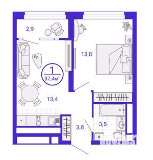 1-к квартира, строящийся дом, 36м2, 25/28 этаж
