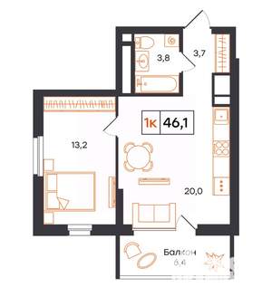 1-к квартира, вторичка, 47м2, 12/21 этаж