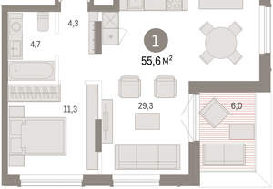 1-к квартира, вторичка, 55м2, 9/9 этаж