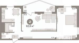 2-к квартира, вторичка, 63м2, 15/22 этаж