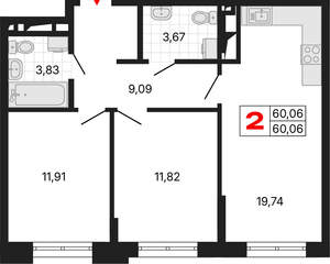 2-к квартира, вторичка, 60м2, 13/25 этаж