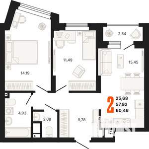 2-к квартира, строящийся дом, 60м2, 11/25 этаж