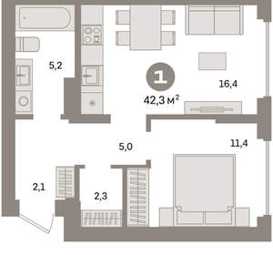 1-к квартира, вторичка, 42м2, 4/16 этаж
