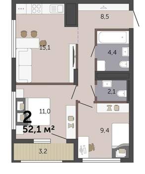 2-к квартира, вторичка, 52м2, 14/19 этаж